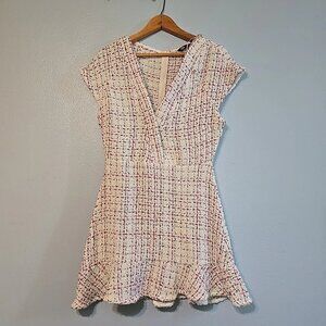 Zara Midi Dress Size Large V Neck Pink And White Woven Textured